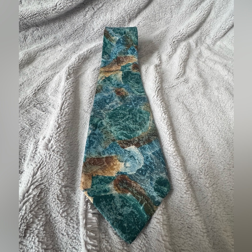 Geoffrey Beene 100% Silk Made in USA Teal and Brown Tie for Men
